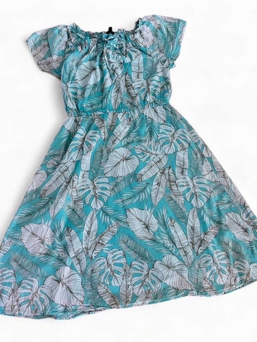 Talbot's white/teal tropical leaf print mini sundress dress Sz 6